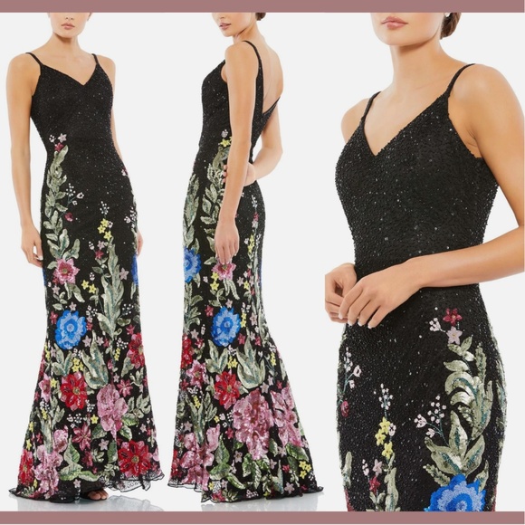 NWT $598 Mac Duggal‎ [ 2 ] Floral Embellished Spaghetti Strap Gown in Black - Picture 1 of 13
